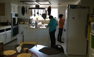 Visitors from Shanghai prepare breakfast before we left for Soquel.