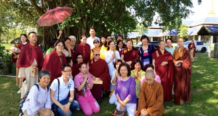 Sitting under the tree where H.H. Dorje Chang Buddha III gave a discourse to the Dragon fish and other animals and certain disciples in 1999. An account of that event can be found in the treasure book <em>H.H. Dorje Chang Buddha III.</em>
