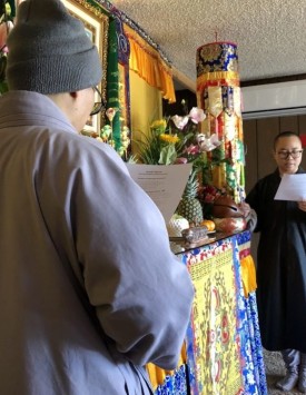 Nuns lead chanting at Holy Heavenly Lake Xuanfa Dharma Center in Hesperia, California.