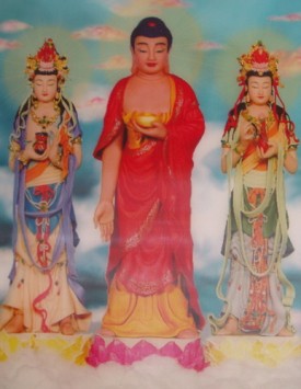 Amitabha Buddha with His two attendant bodhisattvas–Avalokitesvara on the right and Mahasthamaprapta on the left..