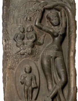 Queen Mahamaya is giving birth out of her right side to Prince Siddhartha of the Shakya clan who, upon becoming enlightened, became known as Shakyamuni Buddha. Prior to His birth, Queen Mahamaya had dreamt of a white elephant with six tusks and a white lotus flower in its mouth entering her womb. The tiny Prince Siddhartha is declaring Himself immediately after birth.