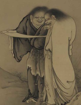 Japanese hanging scroll by Hashimoto Gaho of Han-shan and Shih-te (Kanzan and Fittoku), eccentric Ch’an (Zen) hermit-monks from Tang Dynasty who were part of the Tian-tai Trio and whose poetry is popular in the west.
