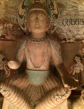 An impressive sculpture of Maitreya Bodhisattva, the next Buddha, is featured in this reproduction of Cave #275.