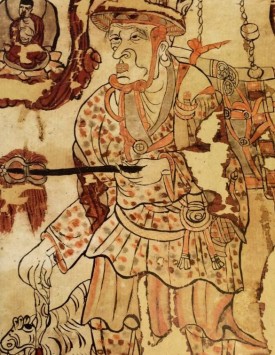 Cave painting of traveling monk with a pack of Buddhist scrolls on his back.