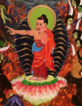 Detail from painting of the Wheel of Life showing Shakyamuni Buddha pointing the way out of Hell.