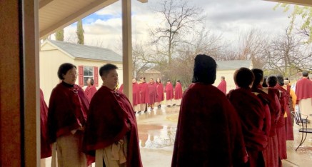 Students participating in walking meditation at the Holy Vajrasana Temple & Retreat Center.