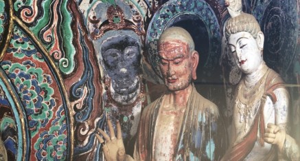 Mahakasyapa & Bodhisattvas are shown to the left of Shakyamuni Buddha in this 3-D virtual reality display representing Cave #45.