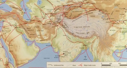 Map showing major trade routes that crossed at Dunhuang and cave temple sites in northern India and Central Asia in the eighth century CE.