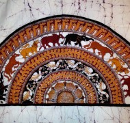 Moonstone design in batik print from Kandy, Sri Lanka, that hangs in the Holy Vajrasana Temple and Retreat Center.