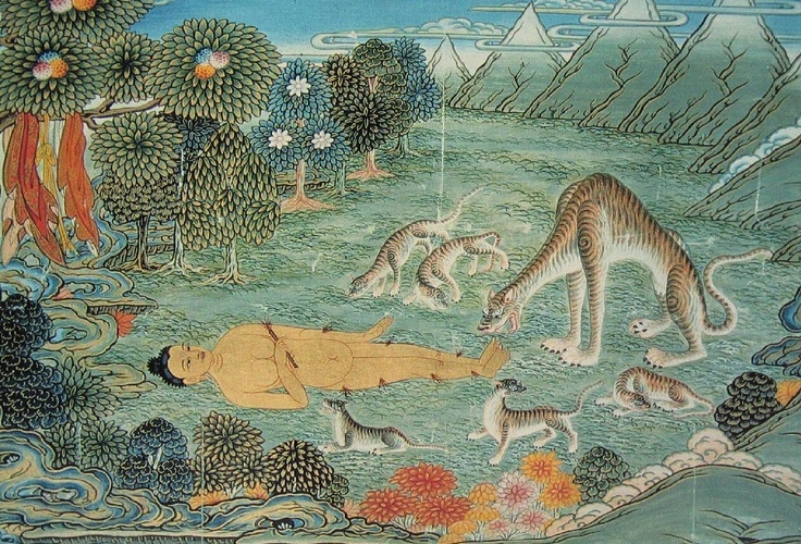 描述釋迦牟尼佛舍身飼虎的一幅油畫。