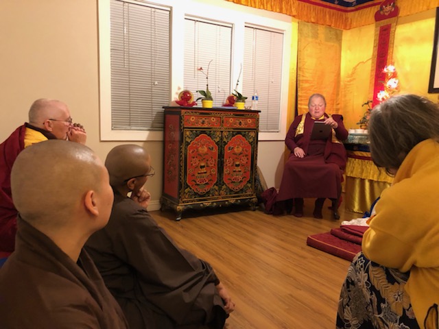 Reading a preliminary translation of a Dharma Discourse in Pasadena, California.